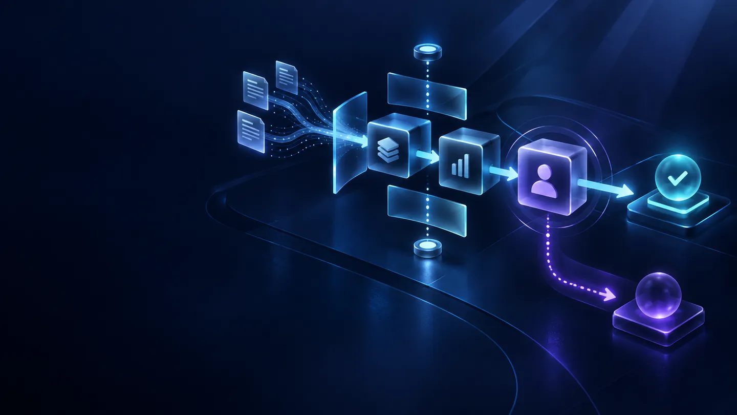 Evidence, permissions, evaluation and human oversight surround an automated decision pathway.