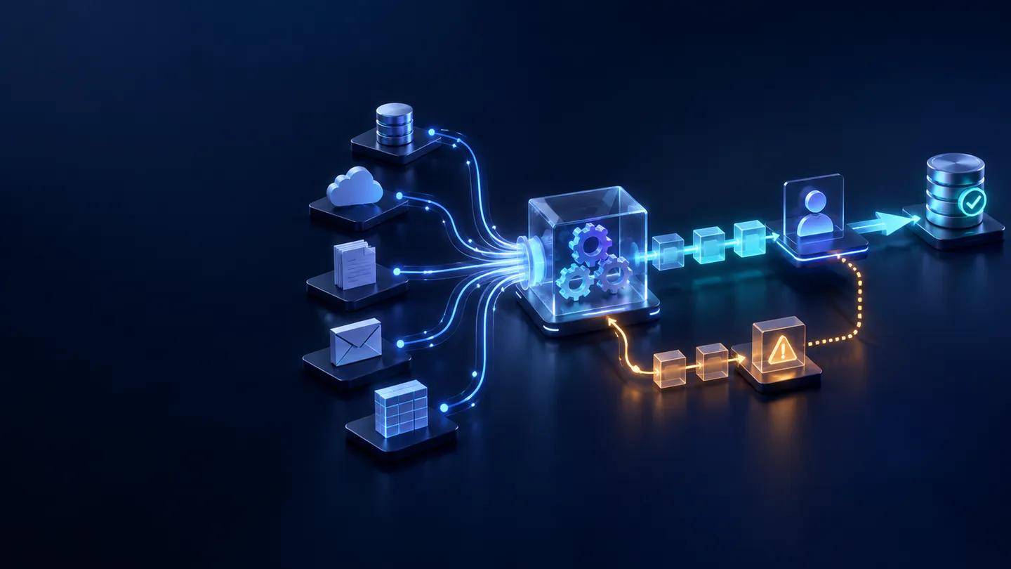 A governed automation connects business systems, routes exceptions and pauses for human approval.