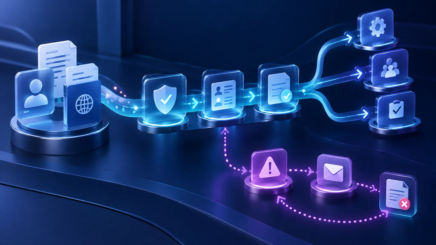 Client information moves through checks and coordinated tasks, with missing items entering a follow-up loop.
