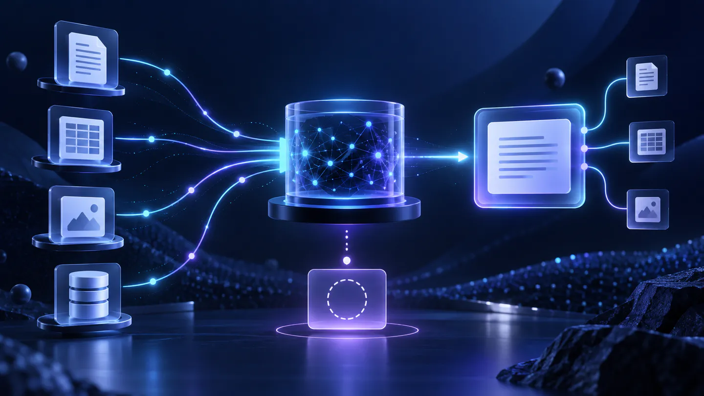 Approved knowledge sources connect to a grounded answer and an evidence-aware fallback.